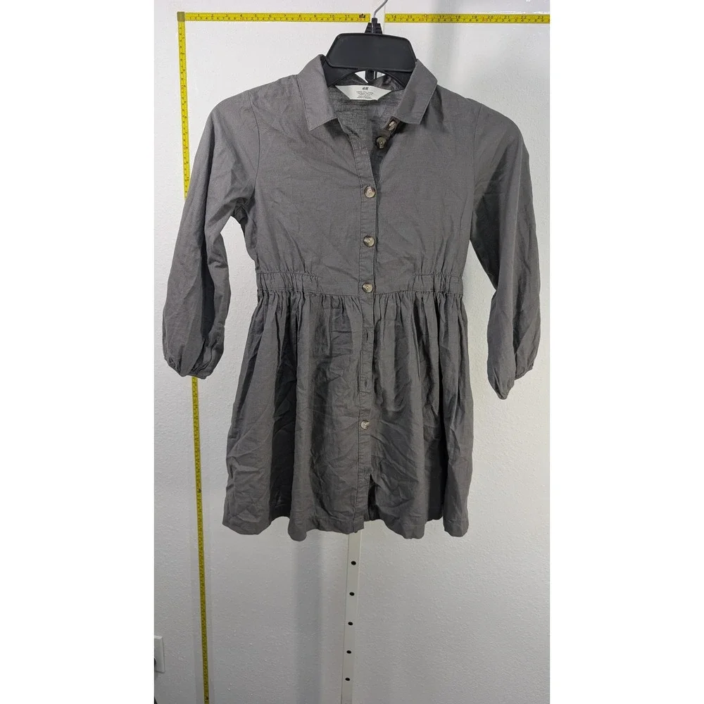 HM Girls Gray Button Down Shirt Dress Elastic Waist Size 6-7Y‎ Charcoal Collared